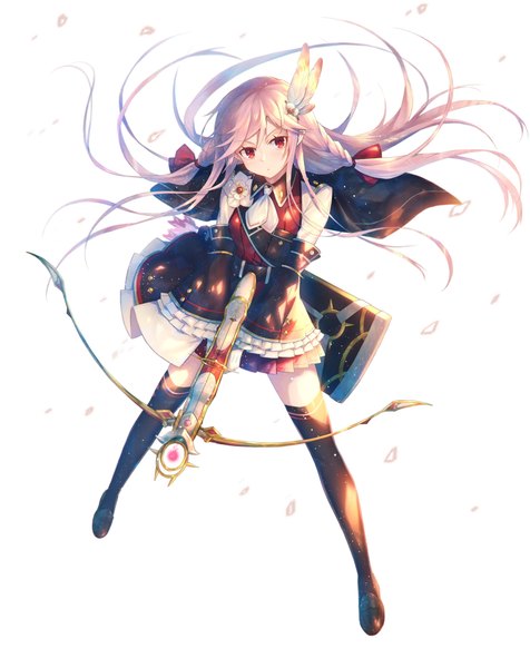 Anime picture 1590x2005 with original heiwari kanade single long hair tall image highres simple background red eyes white background looking away pink hair braid (braids) pointy ears zettai ryouiki girl thighhighs dress hair ornament weapon detached sleeves