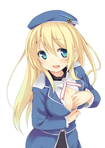 Anime picture 752x1062 with kantai collection atago heavy cruiser mokoke single long hair tall image blush breasts open mouth blue eyes light erotic simple background large breasts white background looking away girl uniform beret