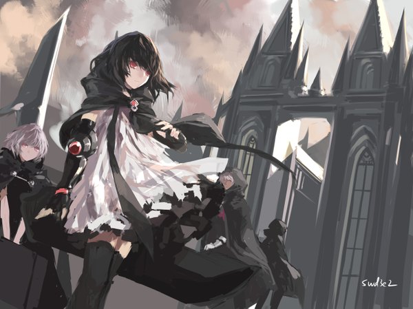Anime picture 2834x2125 with original paradise (character) swd3e2 highres short hair black hair red eyes multiple girls silver hair sunlight dutch angle architecture girl thighhighs dress boy gloves black thighhighs 2 girls fingerless gloves