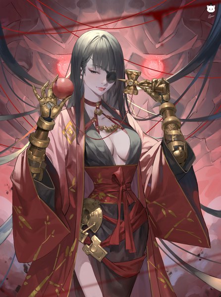 Anime picture 6000x8076 with original jung wonjo single long hair tall image looking at viewer fringe highres breasts light erotic black hair large breasts standing holding brown eyes absurdres blunt bangs traditional clothes japanese clothes lips