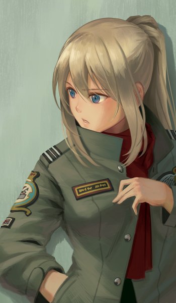 Anime picture 467x800 with pinakes single long hair tall image fringe blue eyes simple background looking away grey hair girl uniform military uniform