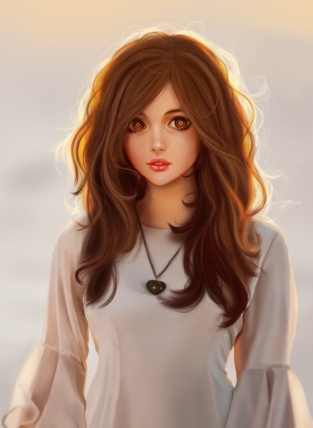 Anime picture 2194x3000 with original lemon cat single long hair tall image looking at viewer fringe highres brown hair brown eyes upper body parted lips lips blurry realistic lipstick portrait pink lipstick makeup backlighting