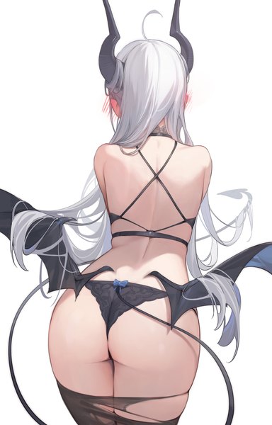 Anime picture 2668x4173 with original thea (nekojira) nekojira single long hair tall image blush highres light erotic simple background standing white background silver hair ahoge ass tail horn (horns) pointy ears from behind leaning