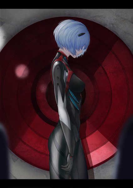 Anime picture 1448x2048 with neon genesis evangelion rebuild of evangelion evangelion: 3.0 you can (not) redo gainax ayanami rei marumoru single tall image short hair standing blue hair letterboxed girl bodysuit pilot suit