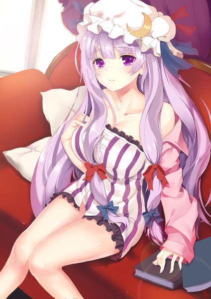 Anime picture 2480x3507 with touhou patchouli knowledge tori (king8162635) single long hair tall image looking at viewer highres purple eyes purple hair girl dress bow hair bow book (books) bonnet couch