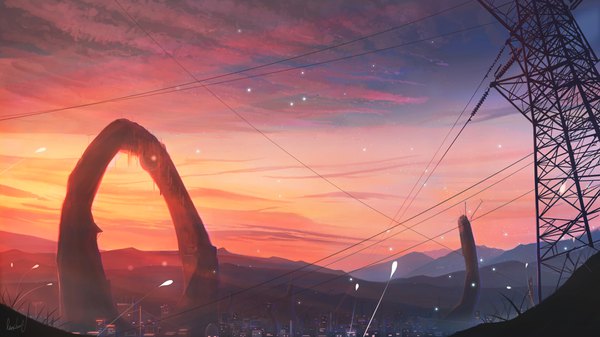 Anime picture 3840x2160 with original banishment highres wide image absurdres sky cloud (clouds) wallpaper city evening sunset no people landscape wire (wires) power lines