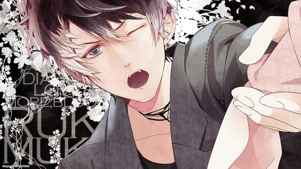 Anime picture 1280x720 with diabolik lovers idea factory mukami ruki satoi (artist) looking at viewer fringe short hair open mouth black hair wide image holding fingernails teeth fang (fangs) piercing dark background vampire dark hair covering eye (eyes) boy