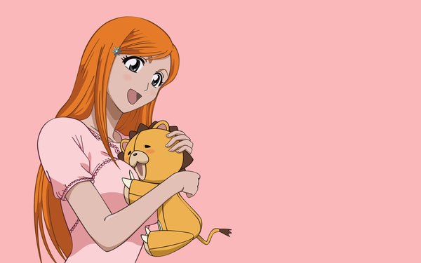 Anime picture 2560x1600 with bleach studio pierrot inoue orihime kon highres wide image pink background