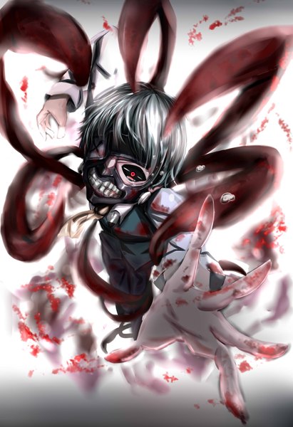 Anime picture 2400x3500 with tokyo ghoul studio pierrot kaneki ken akatsukiame single tall image looking at viewer fringe highres short hair red eyes from above grey hair outstretched arm looking up angry black sclera boy shirt white shirt
