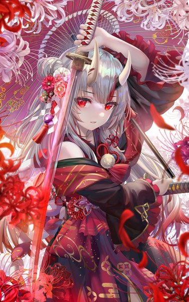 Anime picture 6975x11098 with virtual youtuber hololive nakiri ayame nakiri ayame (1st costume) torino aqua single long hair tall image looking at viewer blush fringe highres red eyes standing bare shoulders holding absurdres silver hair blunt bangs traditional clothes