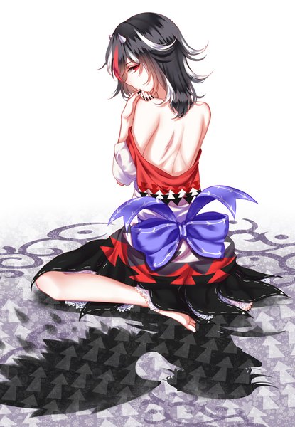 Anime picture 1800x2600 with touhou kijin seija kishin sagume sheya single tall image looking at viewer highres short hair light erotic black hair red eyes white background sitting bare shoulders nail polish looking back multicolored hair barefoot horn (horns)