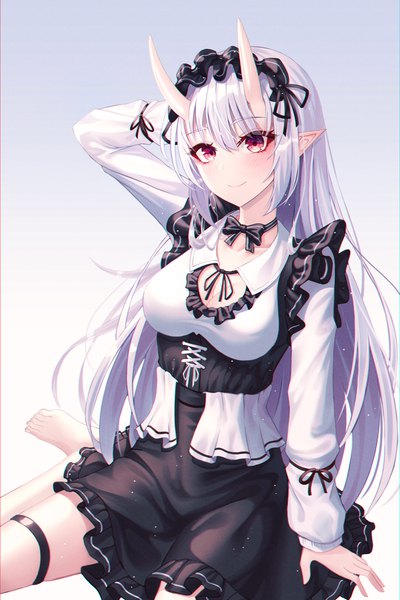 Anime picture 3000x4500 with original ryon y0421 single long hair tall image looking at viewer blush fringe highres breasts simple background smile red eyes payot cleavage silver hair blunt bangs long sleeves barefoot arm up