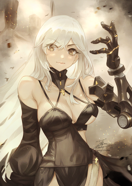 Anime picture 1059x1500 with nier nier:automata nier reincarnation yorha type a no. 2 fadingz single long hair tall image looking at viewer fringe breasts light erotic hair between eyes large breasts standing bare shoulders signed yellow eyes cleavage upper body