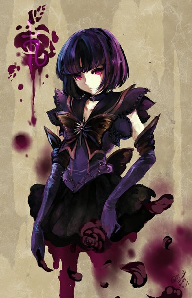 Anime picture 700x1081 with bishoujo senshi sailor moon toei animation sailor saturn ruriko (yaoihyper) single tall image looking at viewer short hair simple background purple hair pleated skirt pink eyes alternate costume destruction girl skirt gloves flower (flowers) bow miniskirt