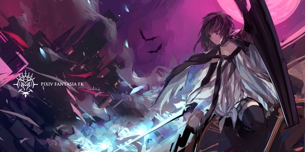 Anime picture 2125x1062 with original pixiv fantasia pixiv fantasia fallen kings paradise (character) swd3e2 highres short hair black hair wide image brown eyes looking away red moon girl thighhighs dress gloves weapon black thighhighs animal sword