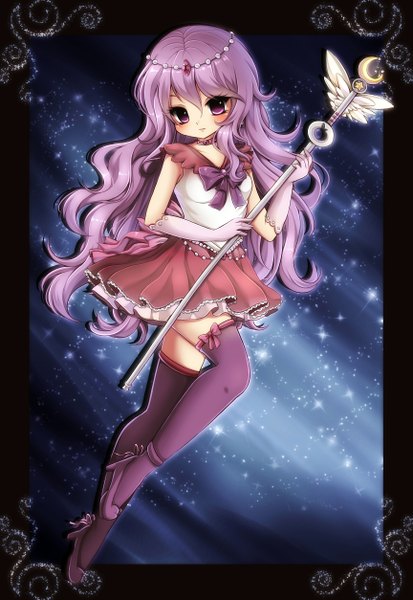 Anime picture 1726x2506 with midna01 single long hair tall image looking at viewer blush fringe highres breasts purple eyes purple hair bent knee (knees) girl thighhighs dress gloves hair ornament bow staff