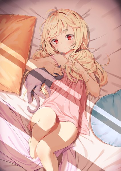 Anime picture 1000x1414 with original agnamore single long hair tall image looking at viewer blush fringe blonde hair red eyes ahoge lying head tilt from above lips shadow on back girl animal pillow