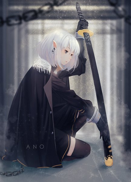 Anime picture 1012x1400 with original anone single tall image fringe short hair hair between eyes holding signed silver hair long sleeves pointy ears grey eyes depth of field zettai ryouiki looking down squat slit pupils girl thighhighs