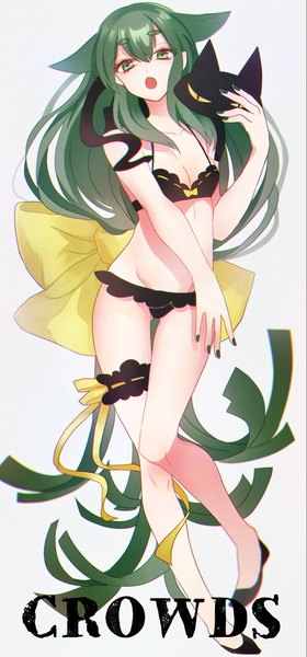 Anime picture 1047x2244 with gatchaman crowds tatsunoko utsutsu pomu (pompom o) single tall image looking at viewer fringe open mouth light erotic simple background green eyes animal ears very long hair nail polish green hair grey background copyright name eyebrows black nail polish