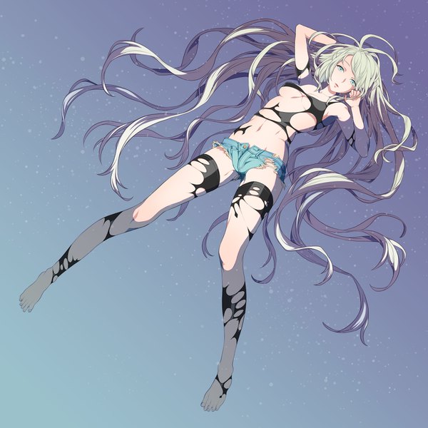 Anime picture 2000x2000 with original takase (harakiri) single looking at viewer highres light erotic very long hair aqua eyes aqua hair torn clothes underwater girl thighhighs navel water shorts torn thighhighs