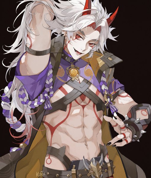 Anime picture 2300x2700 with genshin impact arataki itto kamui (kurohshiro1) single long hair tall image looking at viewer highres simple background red eyes signed upper body white hair nail polish horn (horns) tattoo adjusting hair black background eyebrows muscle