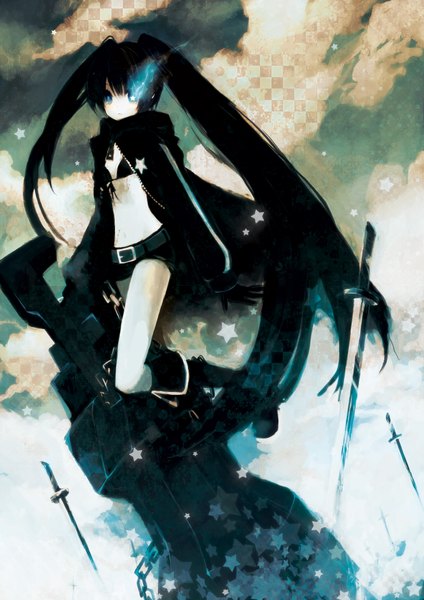 Anime picture 2480x3508 with black rock shooter black rock shooter (character) single long hair tall image looking at viewer highres blue eyes black hair twintails glowing glowing eye (eyes) girl gloves weapon sword shorts cloak bikini top