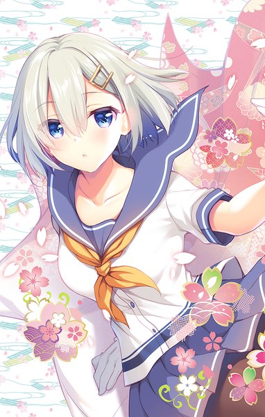 Anime picture 700x1100 with kantai collection hamakaze destroyer gunp single tall image looking at viewer blush fringe short hair open mouth blue eyes simple background hair between eyes white background silver hair pleated skirt arm support :o short sleeves girl