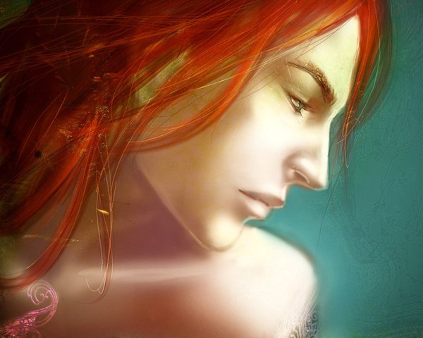 Anime picture 1280x1024 with original raphael anndr (artist) single long hair simple background bare shoulders green eyes profile aqua eyes orange hair tattoo looking down face boy