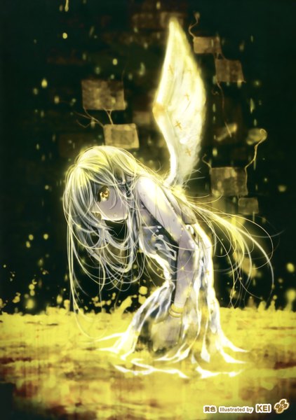Anime picture 2533x3600 with girls, girls, girls! 11 (artbook) kei (keigarou) single long hair tall image looking at viewer highres yellow eyes white hair scan official art dark background girl dress wings sundress