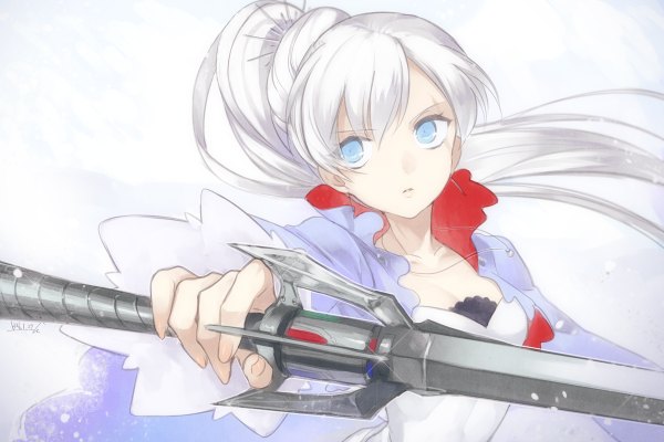 Anime picture 1200x800 with rwby rooster teeth weiss schnee ot-nm single long hair blue eyes simple background white background holding looking away white hair ponytail snowing girl hair ornament weapon sword