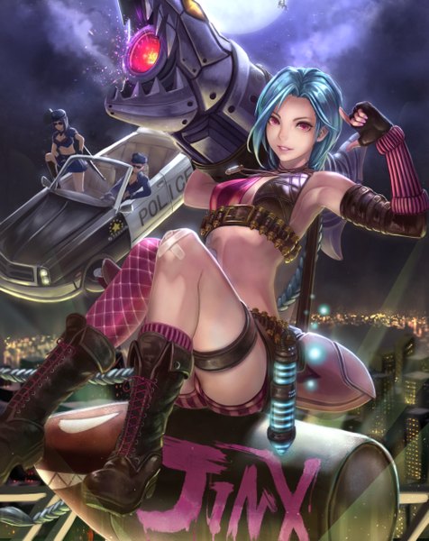 Anime picture 1001x1260 with league of legends jinx (league of legends) caitlyn (league of legends) yazuwo long hair tall image looking at viewer short hair light erotic smile red eyes standing sitting bare shoulders multiple girls blue hair pink hair bent knee (knees) braid (braids) night