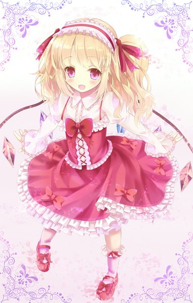 Anime picture 725x1140 with touhou flandre scarlet rin yuu single long hair tall image looking at viewer blush fringe open mouth blonde hair twintails long sleeves pink eyes from above teeth fang (fangs) spread arms alternate hairstyle girl