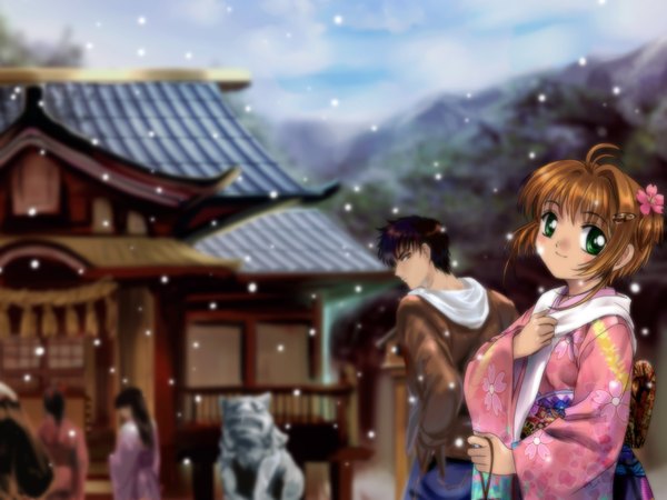 Anime picture 1600x1200 with card captor sakura clamp kinomoto sakura kinomoto touya mutsuki (moonknives) japanese clothes snowing winter