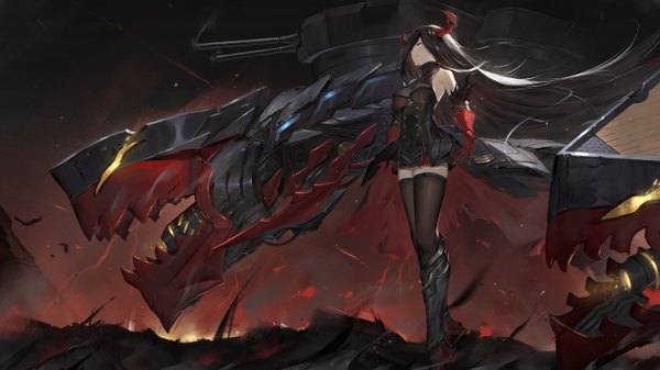 Anime picture 2560x1440 with azur lane friedrich der grosse (azur lane) toriumi harumi single long hair blush fringe highres breasts black hair wide image standing bare shoulders yellow eyes looking away parted lips horn (horns) hair over one eye official art torn clothes