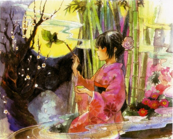 Anime picture 2020x1616 with pixiv girls collection 2010 nayuko single blush highres black hair sitting sky braid (braids) japanese clothes profile hair flower black eyes night sky smoke traditional media watercolor (medium) plum blossoms girl hair ornament