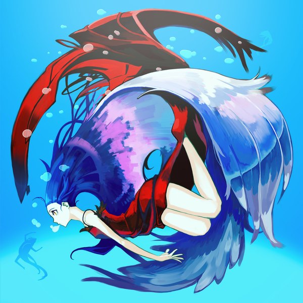 Anime picture 1000x1000 with original kawazu single long hair yellow eyes blue hair underwater girl dress water bubble (bubbles) red dress