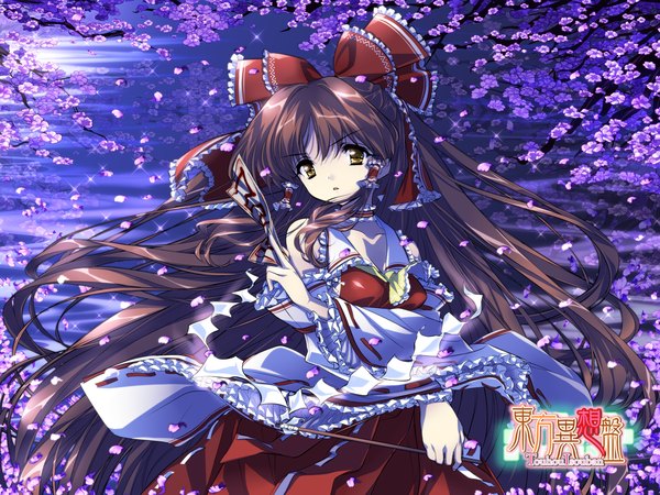 Anime picture 1600x1200 with touhou hakurei reimu maetaku single long hair brown hair yellow eyes cherry blossoms miko girl bow hair bow detached sleeves petals branch