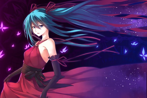Anime picture 1500x1000 with vocaloid hatsune miku mhong single looking at viewer blue eyes twintails very long hair aqua hair dark background girl dress gloves black gloves elbow gloves insect butterfly