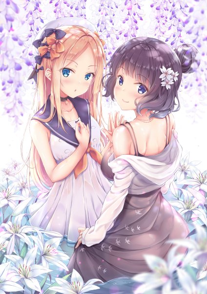 Anime picture 848x1200 with fate (series) fate/grand order abigail williams (fate) katsushika hokusai (fate/grand order) shirakawako long hair tall image looking at viewer blush fringe short hair breasts open mouth blue eyes simple background blonde hair large breasts standing bare shoulders multiple girls
