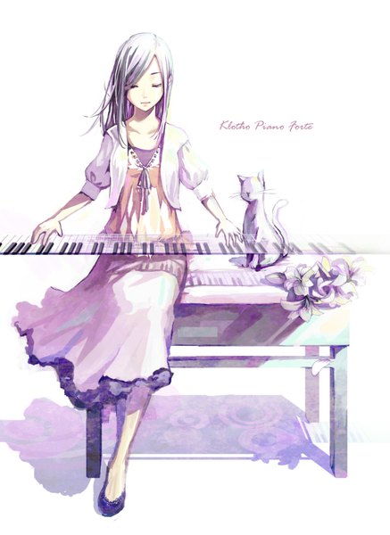 Anime picture 1538x2108 with original shutane single long hair tall image simple background white background sitting purple eyes eyes closed shadow floating hair girl dress flower (flowers) animal shoes cat lily (flower) keyboard (instrument)