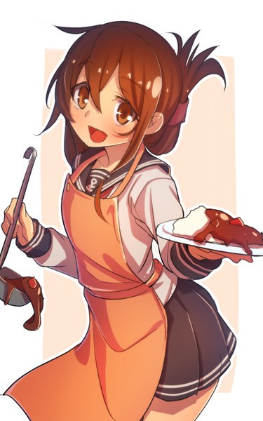 Anime picture 900x1440 with kantai collection inazuma destroyer namago single long hair tall image looking at viewer blush open mouth brown hair brown eyes girl skirt hair ornament miniskirt food apron sailor suit plate ladle