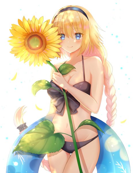 Anime picture 1162x1504 with fate (series) fate/grand order jeanne d'arc (fate) (all) jeanne d'arc (swimsuit archer) nasii single tall image looking at viewer blush fringe breasts blue eyes light erotic blonde hair simple background smile hair between eyes large breasts standing white background
