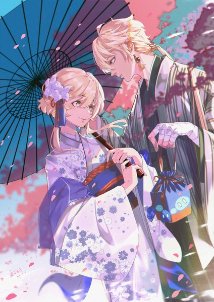 Anime picture 3508x4961 with genshin impact lumine (genshin impact) aether (genshin impact) lixian long hair tall image fringe highres short hair blonde hair hair between eyes yellow eyes absurdres traditional clothes japanese clothes profile hair flower alternate costume low ponytail siblings