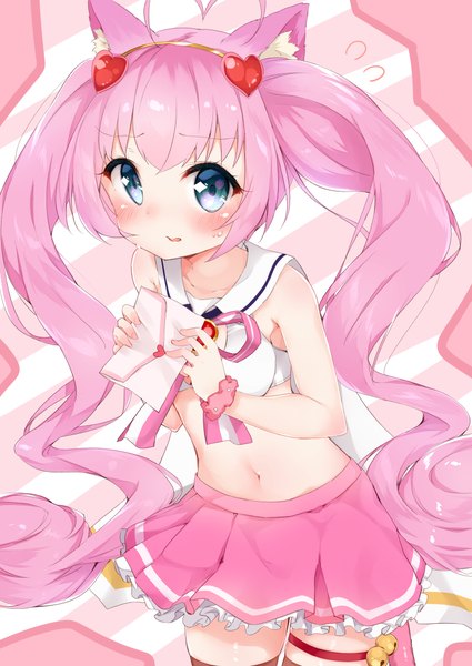 Anime picture 788x1113 with show by rock!! studio bones rosia (show by rock!!) tousaki shiina single long hair tall image looking at viewer blush fringe breasts blue eyes standing twintails bare shoulders holding animal ears payot pink hair ahoge