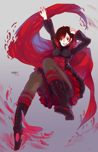 Anime picture 2000x3100 with rwby rooster teeth ruby rose nanaromune single tall image blush highres short hair open mouth red eyes brown eyes red hair legs girl dress boots cloak