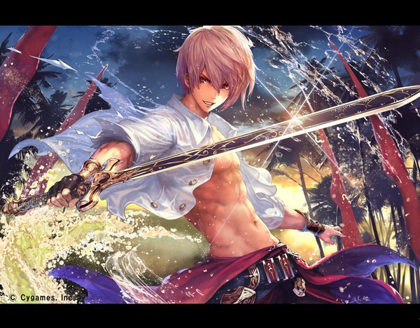 Anime picture 4000x3125 with shingeki no bahamut tachikawa mushimaro (bimo) single tall image highres short hair brown hair brown eyes looking away absurdres sky open clothes midriff open shirt letterboxed wet clothes muscle abs wet shirt boy