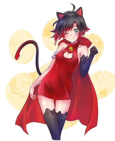 Anime picture 1175x1440 with rwby rooster teeth ruby rose iesupa single tall image looking at viewer short hair light erotic black hair simple background smile animal ears ahoge red hair tail animal tail one eye closed multicolored hair cat ears