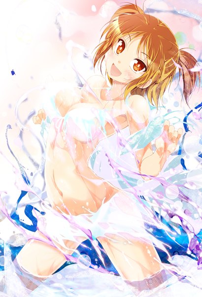 Anime picture 820x1200 with original porurin single long hair tall image looking at viewer blush breasts open mouth light erotic large breasts orange hair orange eyes two side up girl navel swimsuit bikini water