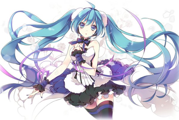 Anime picture 850x569 with 7th dragon 2020 vocaloid hatsune miku jonejung single long hair blush blue eyes standing twintails bare shoulders blue hair nail polish parted lips hand on chest girl thighhighs skirt ribbon (ribbons) black thighhighs