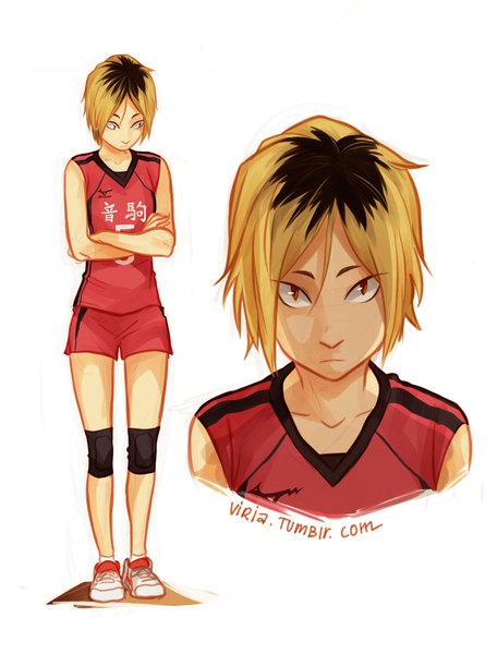 Anime picture 1280x1684 with haikyuu!! production i.g kozume kenma viria13 tall image black hair simple background blonde hair brown hair standing white background multicolored hair two-tone hair orange eyes looking down portrait crossed arms dual persona genderswap girl